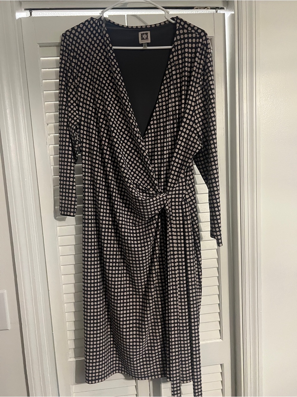 Anne Klein Black and White Polka Dot Long Sleeve Wrap Dress